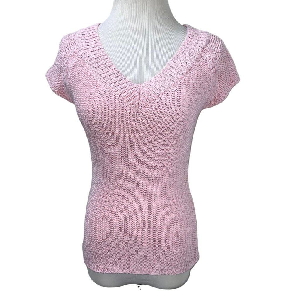 Vintage HAROLD’S Pink Linen Nylon Chunky Knit V-Neck Longer Short Sleeve